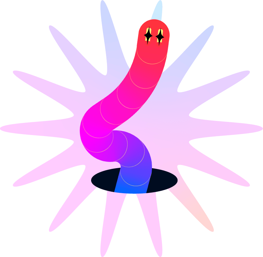 The Early Worm squiggling happily out of a wormhole, with a starburst shape in the background