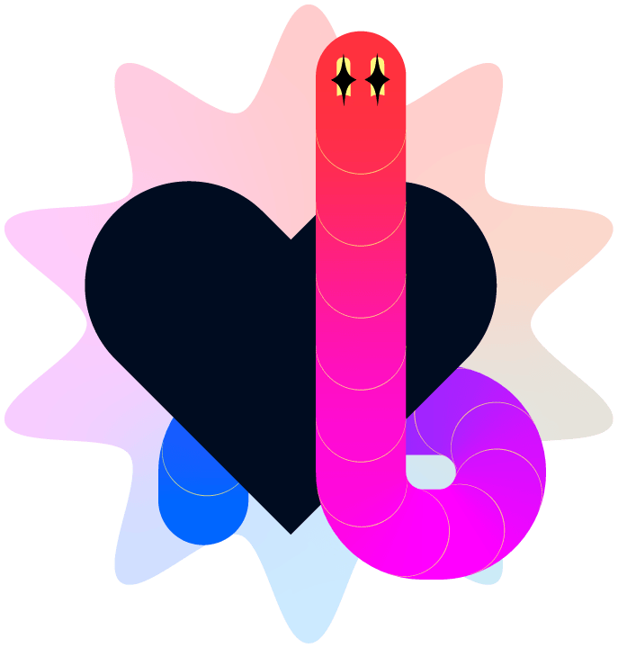 The Early Worm wrapped around a black heart, with a starburst shape in the background